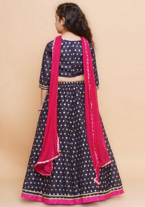 Navy Blue Jacquard Lehenga With Blouse And Dupatta (Set of 3)