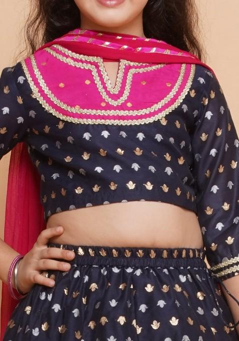 Navy Blue Jacquard Lehenga With Blouse And Dupatta (Set of 3)