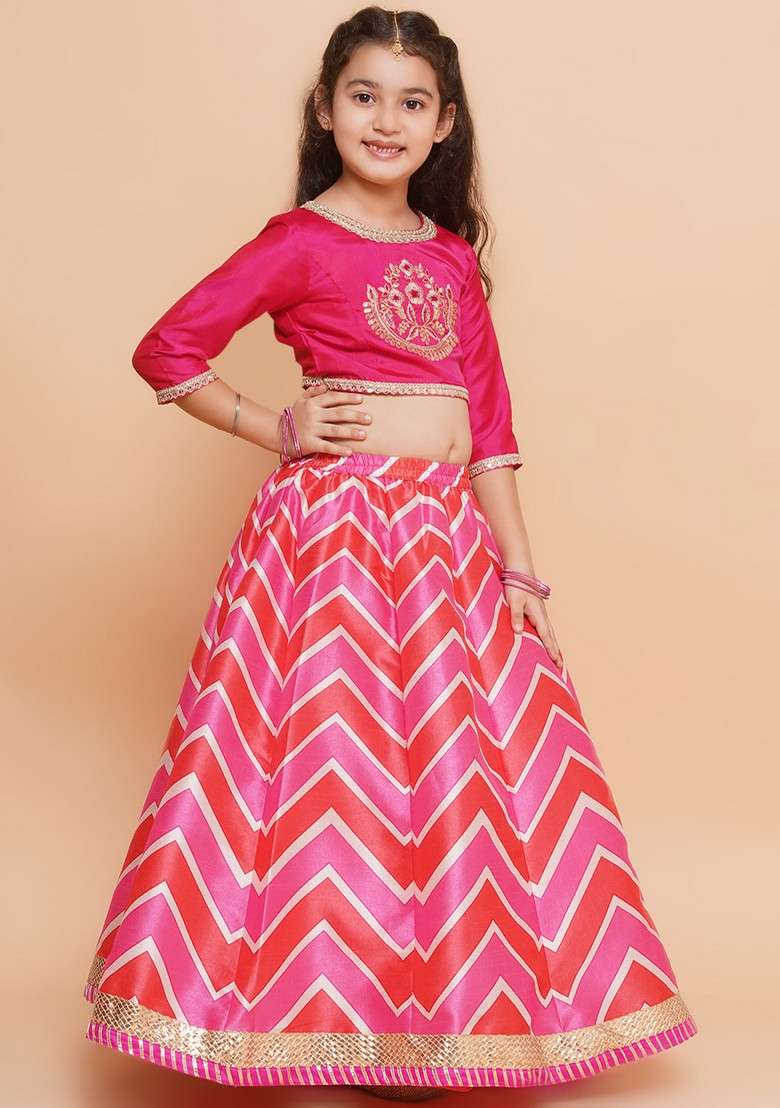 Pink And White Printed Lehenga With Blouse And Dupatta (Set of 3) - Indya