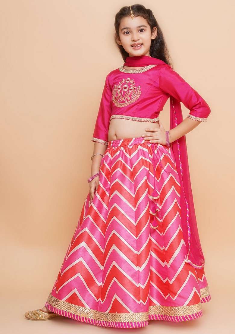 Pink And White Printed Lehenga With Blouse And Dupatta (Set of 3) - Indya