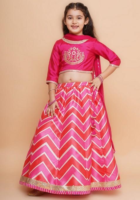 Pink And White Printed Lehenga With Blouse And Dupatta (Set of 3)