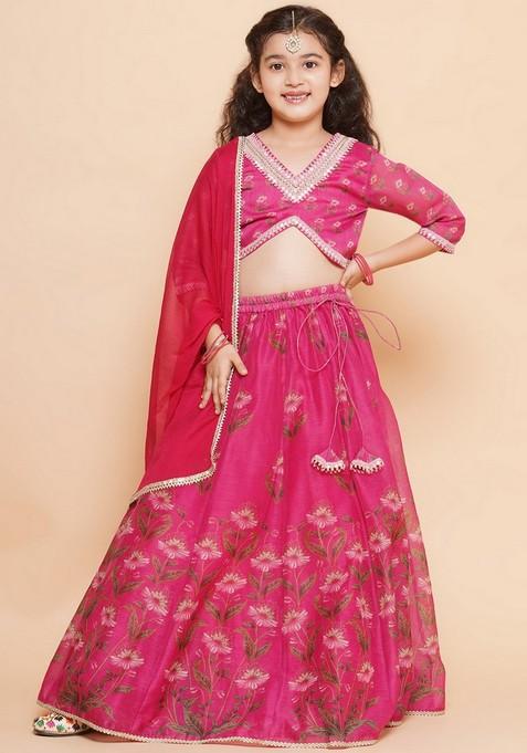 Dark Pink Floral Print Lehenga With Blouse And Dupatta (Set of 3)