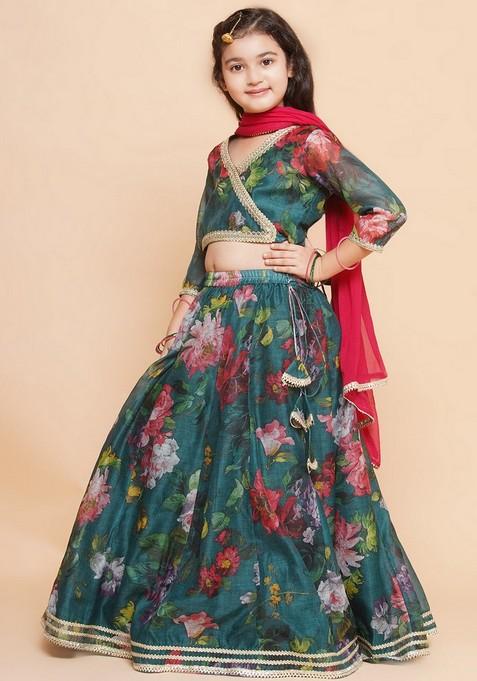 Green Printed Lehenga With Blouse And Dupatta (Set of 3)