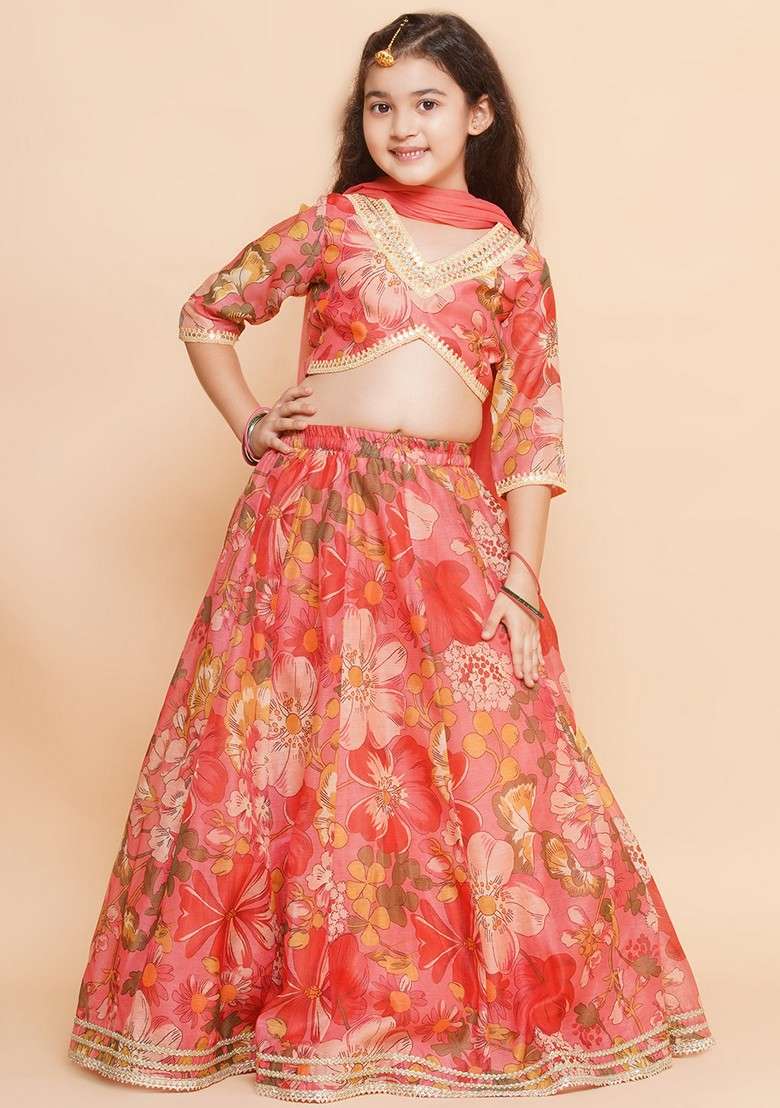 Peach Printed Lehenga With Blouse And Dupatta (Set of 3) - Indya