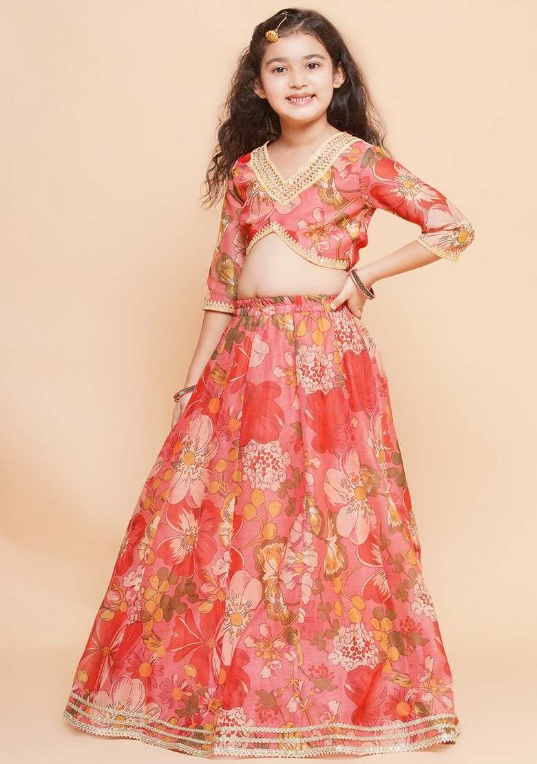 Peach Printed Lehenga With Blouse And Dupatta (Set of 3) - Indya