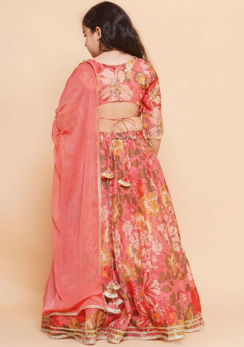 Peach Printed Lehenga With Blouse And Dupatta (Set of 3) - Indya