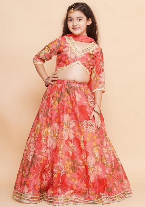 Peach Printed Lehenga With Blouse And Dupatta (Set of 3)