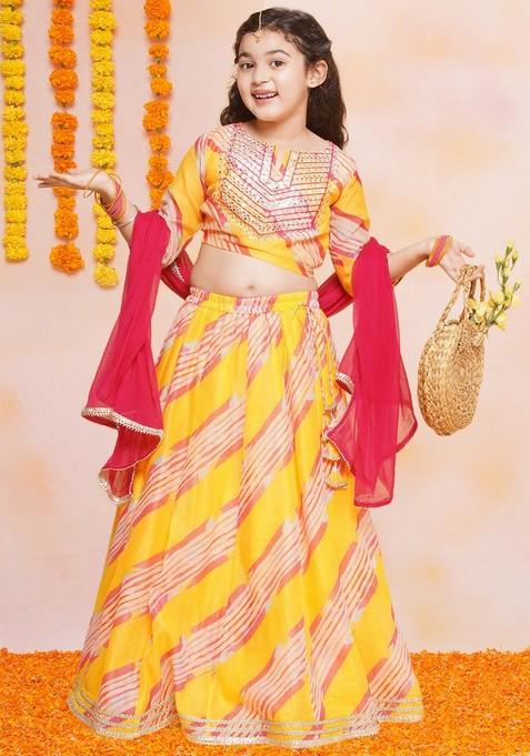 Yellow Printed Lehenga With Blouse And Dupatta (Set of 3)