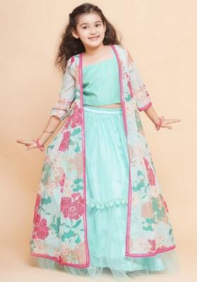 Sea Green Printed Lehenga With Blouse And Dupatta (Set of 3)