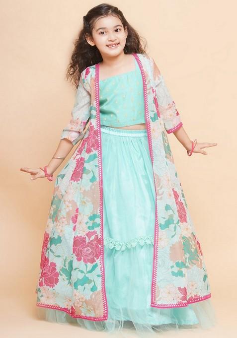 Sea Green Printed Lehenga With Blouse And Dupatta (Set of 3)