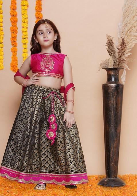 Pink Printed Lehenga With Blouse And Dupatta (Set of 3)