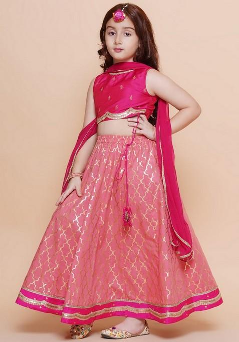 Pink Printed Lehenga With Blouse And Dupatta (Set of 3)