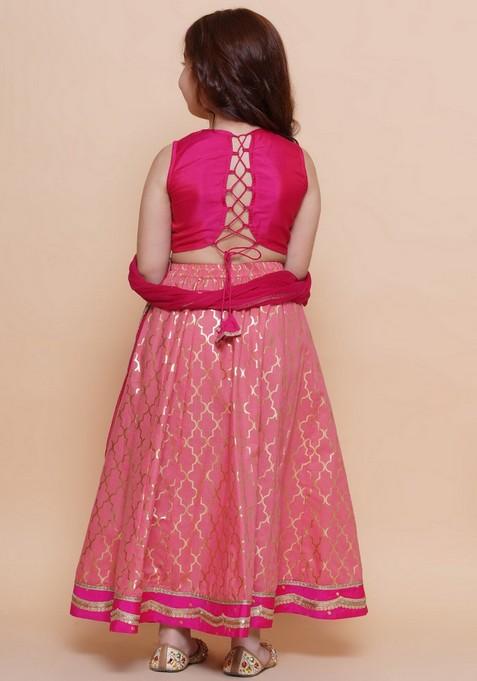 Pink Printed Lehenga With Blouse And Dupatta (Set of 3)