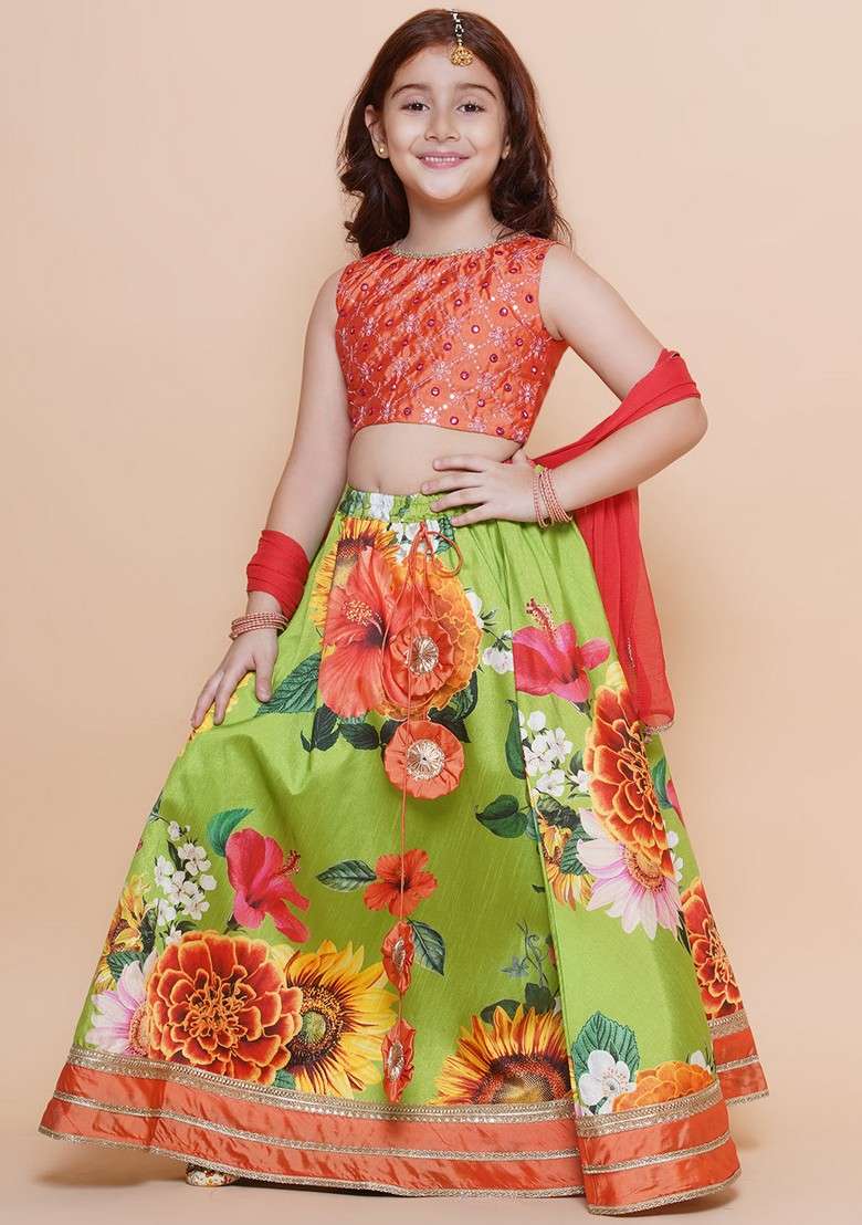 Orange Printed Lehenga With Blouse And Dupatta (Set of 3) - Indya