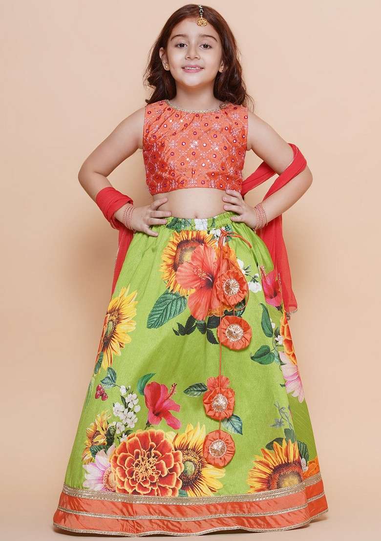 Orange Printed Lehenga With Blouse And Dupatta (Set of 3) - Indya