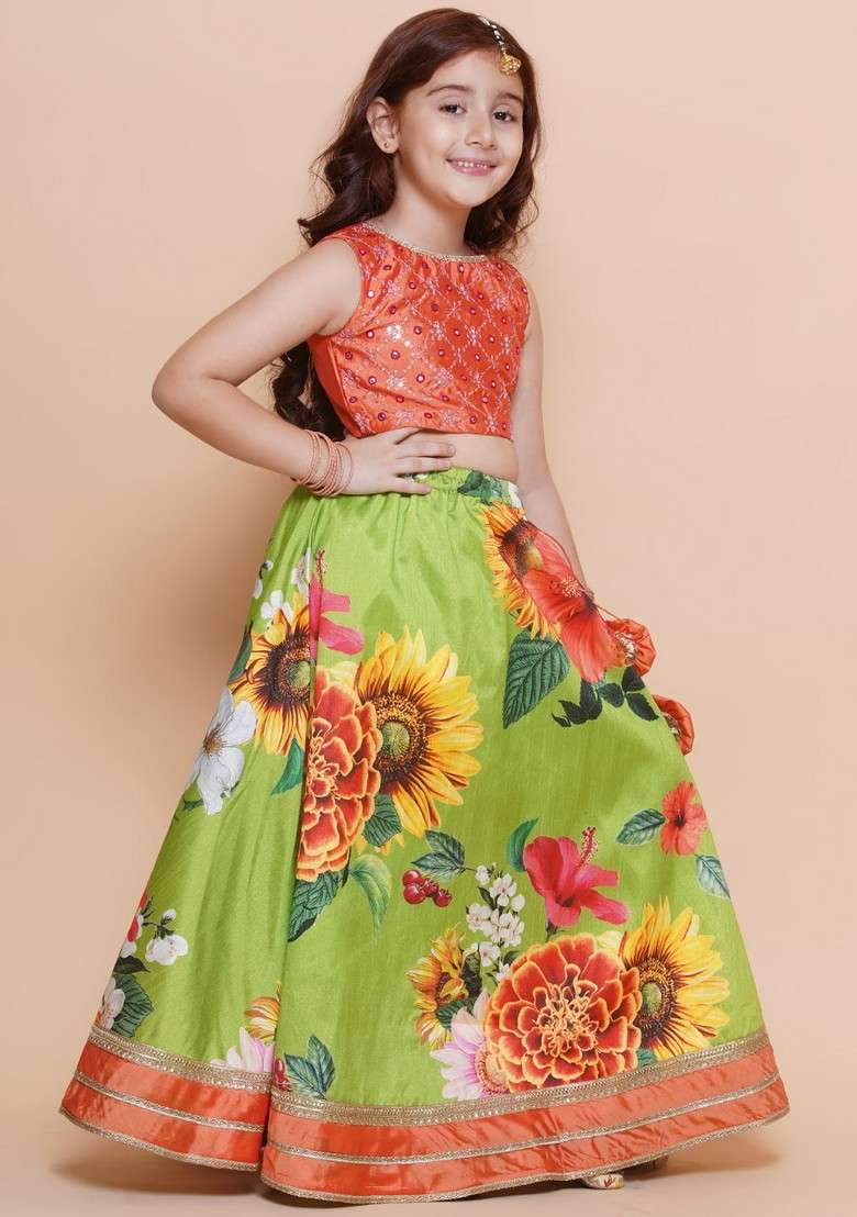 Orange Printed Lehenga With Blouse And Dupatta (Set of 3) - Indya