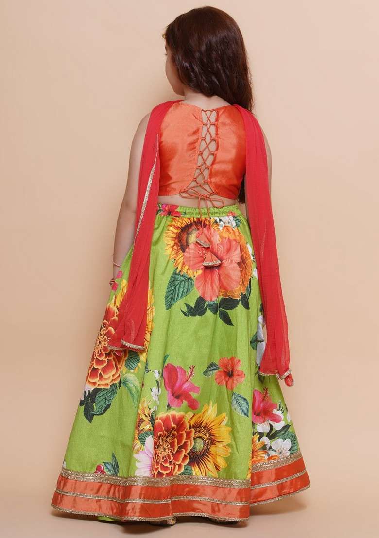 Orange Printed Lehenga With Blouse And Dupatta (Set of 3) - Indya