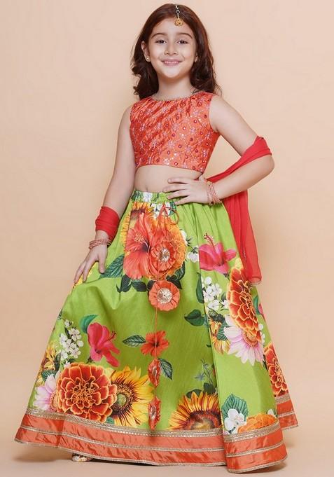 Orange Printed Lehenga With Blouse And Dupatta (Set of 3)