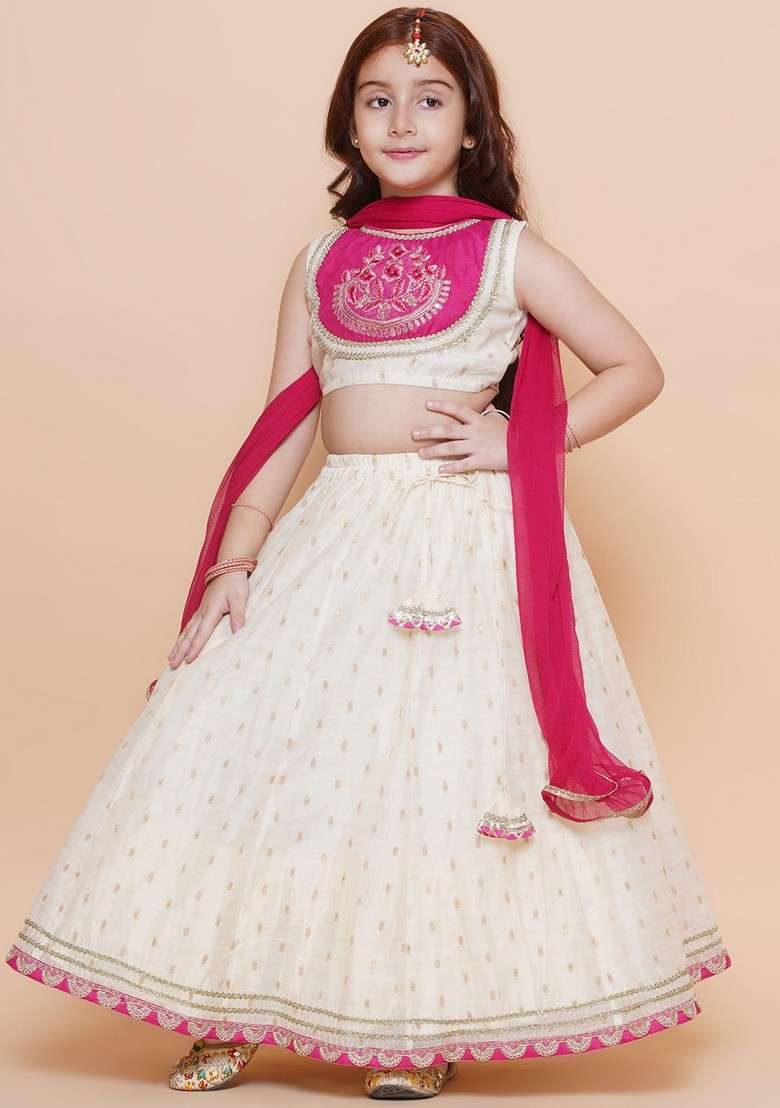 Off White Embroidered Lehenga With Blouse And Dupatta (Set of 3) - Indya
