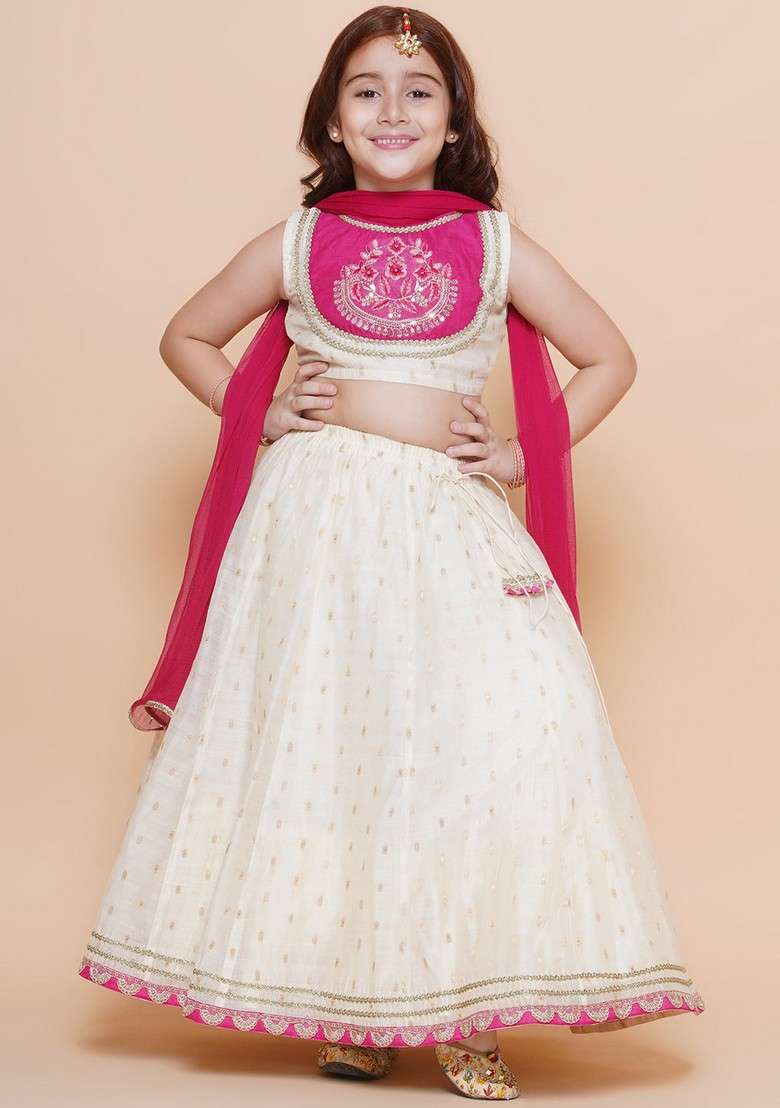 Off White Embroidered Lehenga With Blouse And Dupatta (Set of 3) - Indya