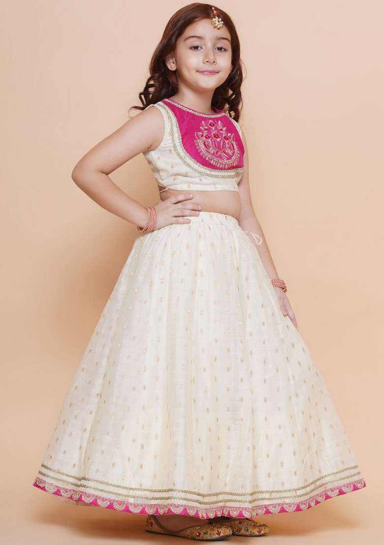Off White Embroidered Lehenga With Blouse And Dupatta (Set of 3) - Indya