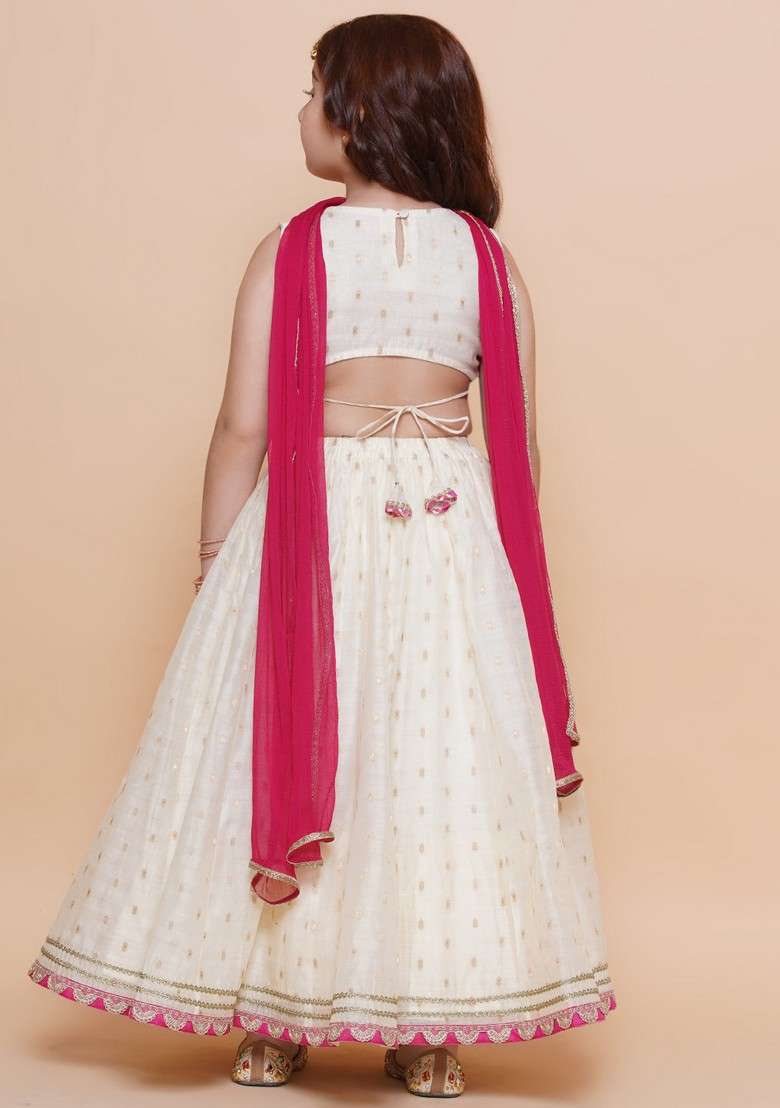 Off White Embroidered Lehenga With Blouse And Dupatta (Set of 3) - Indya