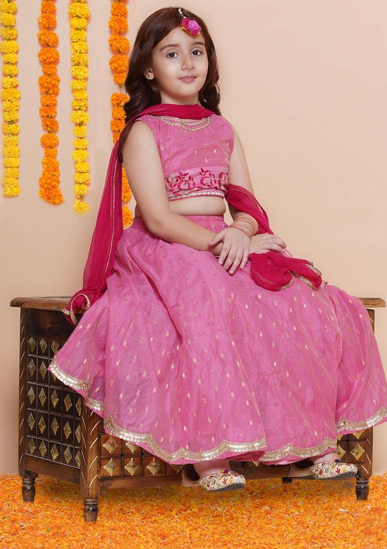 Pink Embroidered Lehenga With Blouse And Dupatta (Set of 3) - Indya