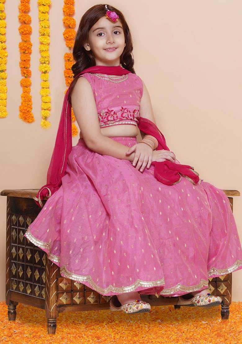 Pink Embroidered Lehenga With Blouse And Dupatta (Set of 3) - Indya