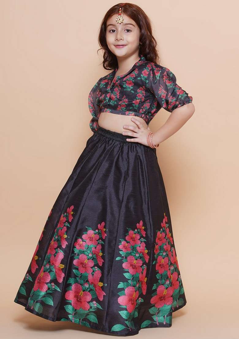 Black Printed Lehenga With Blouse (Set of 2) - Indya