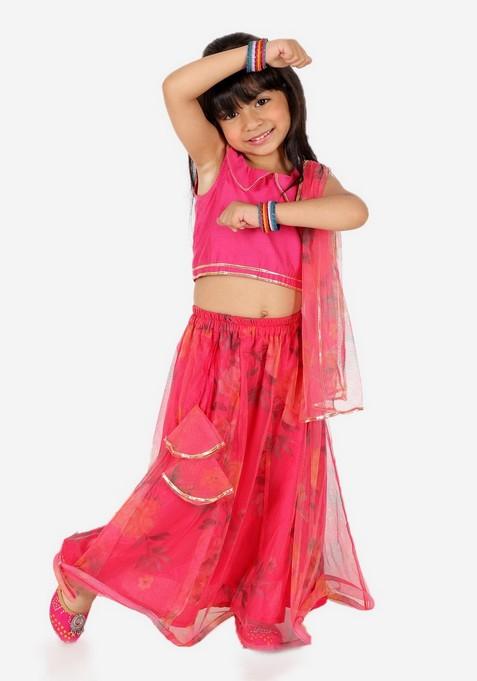 Pink Printed Lehenga With Blouse And Dupatta (Set of 3)