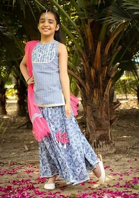 Navy Blue Printed Cotton Lehenga With Kurta And Dupatta (Set of 3)