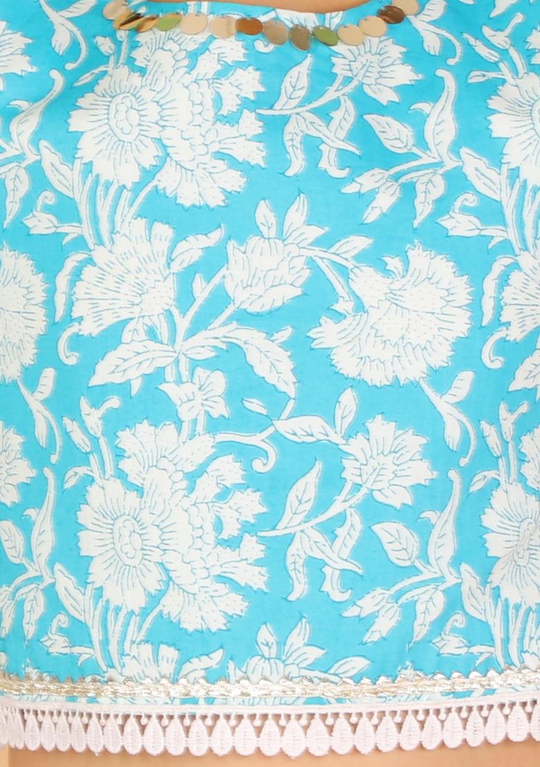 Light Blue Printed Cotton Lehenga With Blouse (Set of 2)