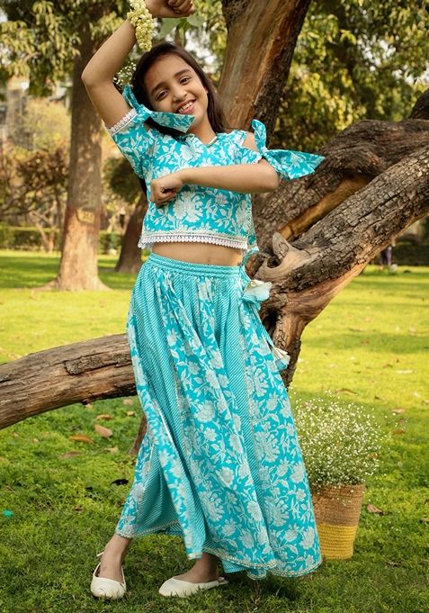 Light Blue Printed Cotton Lehenga With Blouse (Set of 2)