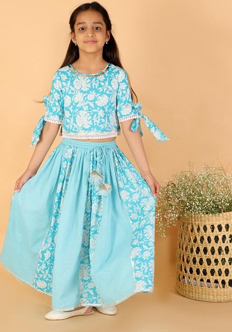 Light Blue Printed Cotton Lehenga With Blouse (Set of 2)