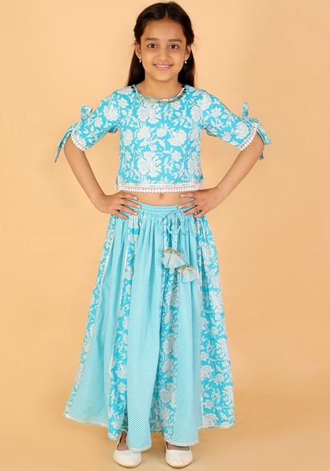 Light Blue Printed Cotton Lehenga With Blouse (Set of 2)