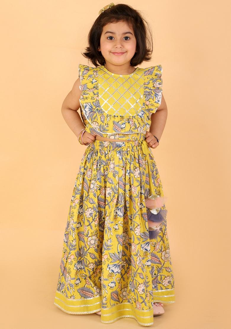 Yellow Printed Cotton Lehenga With Blouse (Set of 2)