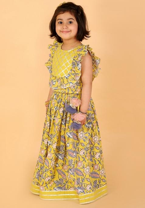 Yellow Printed Cotton Lehenga With Blouse (Set of 2)
