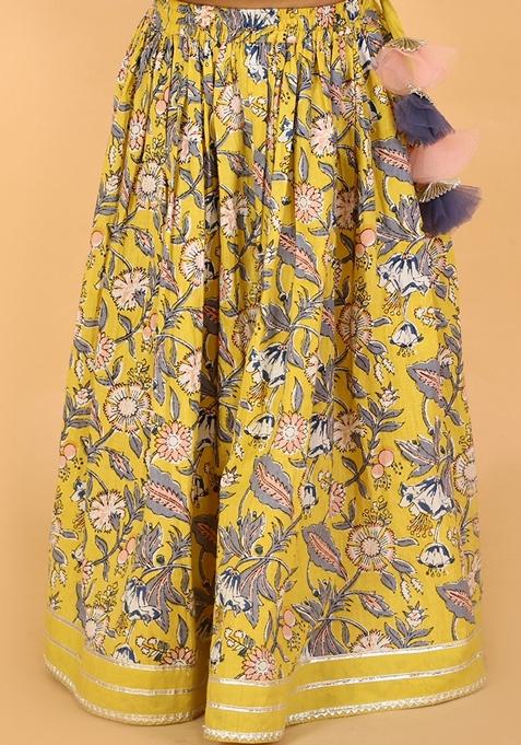 Yellow Printed Cotton Lehenga With Blouse (Set of 2)