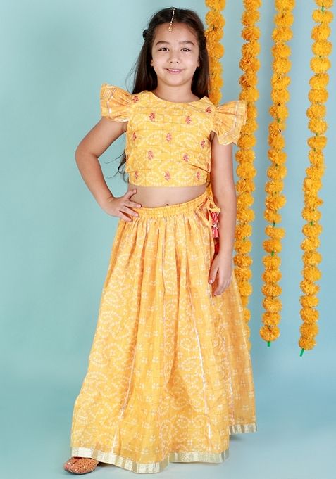 Yellow Printed Polyester Lehenga With Blouse (Set of 2)