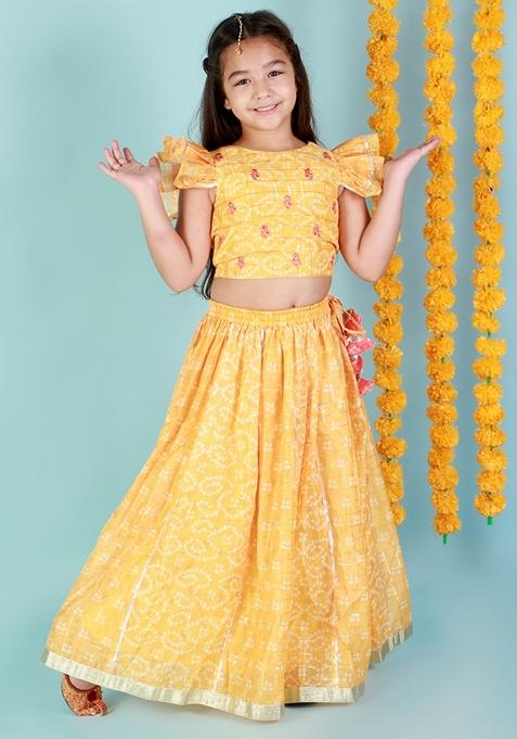 Yellow Printed Polyester Lehenga With Blouse (Set of 2)