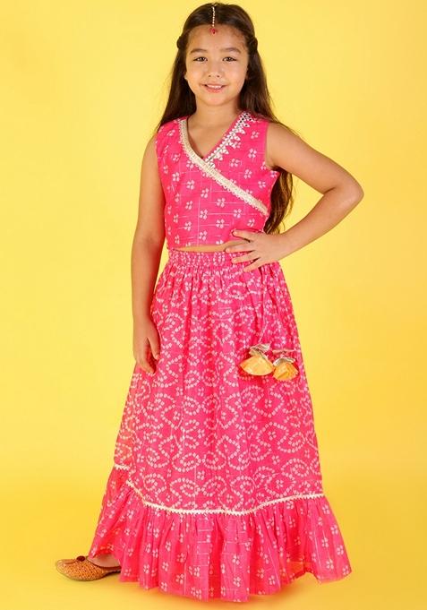 Pink Printed Polyester Lehenga With Blouse (Set of 2)