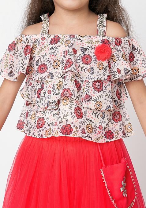 Red Embroidered Polyester Lehenga With Blouse (Set of 2)