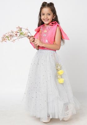 Pink Embroidered Polyester Lehenga With Blouse (Set of 2)