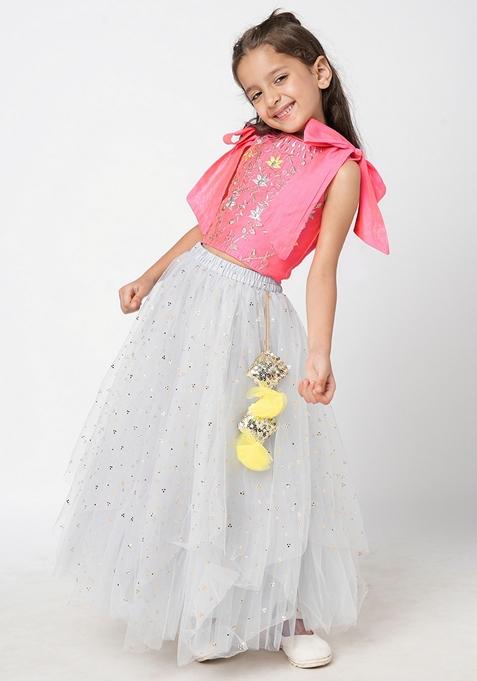 Pink Embroidered Polyester Lehenga With Blouse (Set of 2)