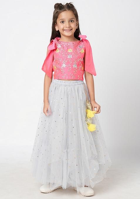 Pink Embroidered Polyester Lehenga With Blouse (Set of 2)