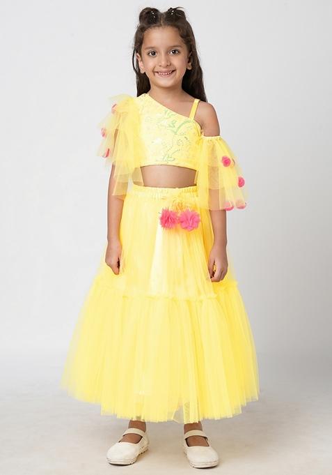 Yellow Floral Tassels Polyester Lehenga With Blouse (Set of 2)