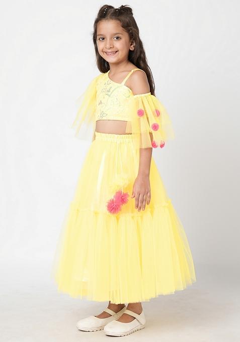 Yellow Floral Tassels Polyester Lehenga With Blouse (Set of 2)