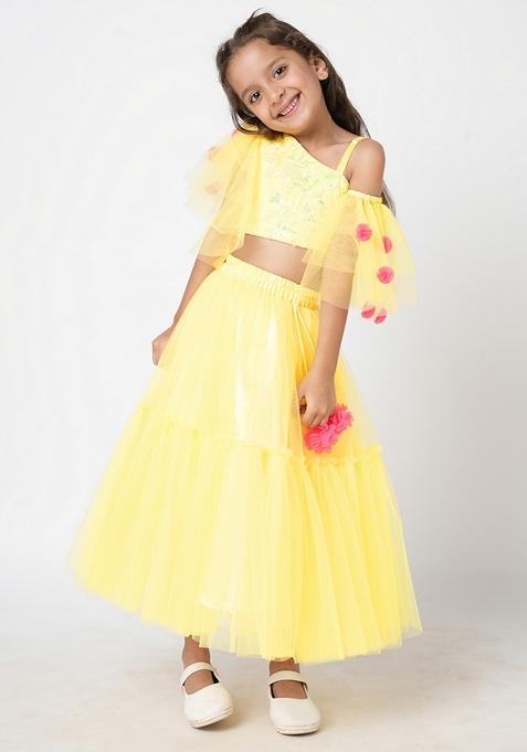 Yellow Floral Tassels Polyester Lehenga With Blouse (Set of 2)