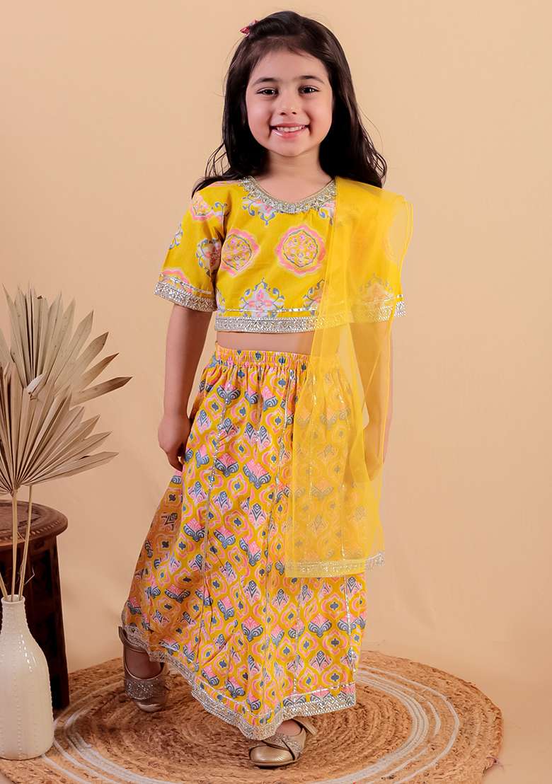 Yellow Printed Cotton Lehenga Set For Girl - Indya