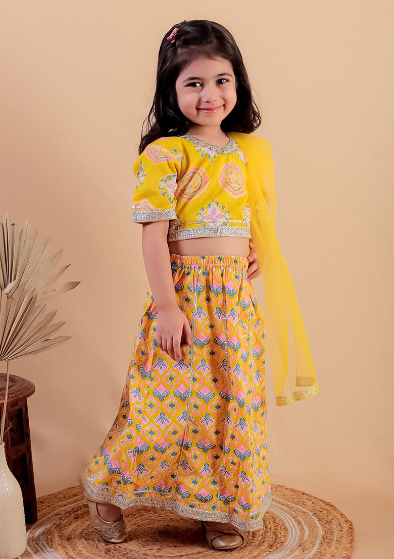 Yellow Printed Cotton Lehenga Set For Girl